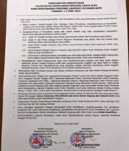 Syarat Ketua Umum Kadin Aceh yang diterbitkan oleh Panitia Muprov VII Kadin Aceh. 