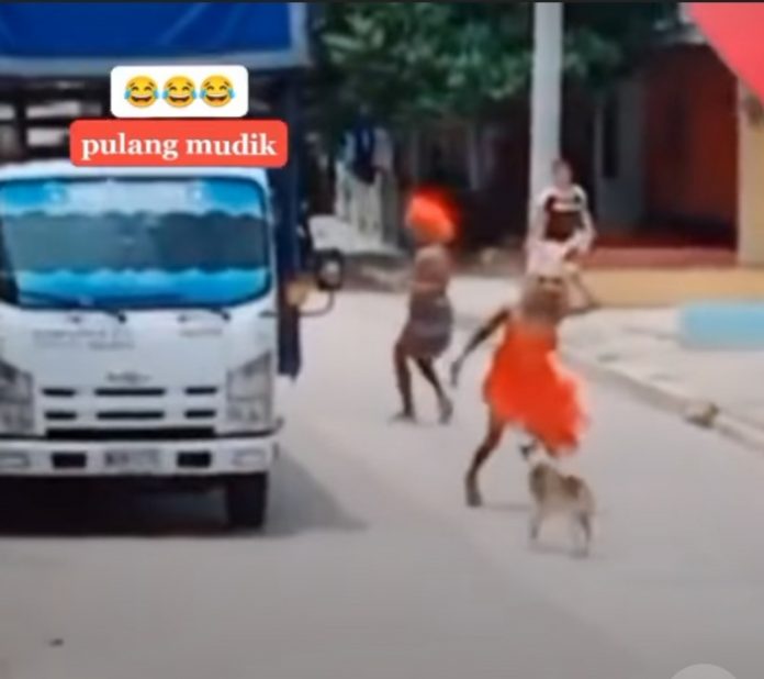 Dua waria harus lari karena tiba-tiba dikejar oleh seekor anjing.
