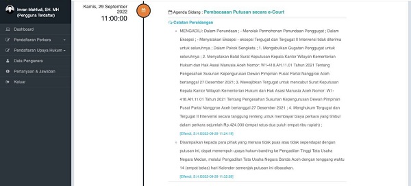 banding PTUN Banda Aceh kabulkan gugatan yang dilayangkan oleh Tiyong terhadap SK Kanwil Kemenkumham Aceh. Foto: Screenshoot putusan.