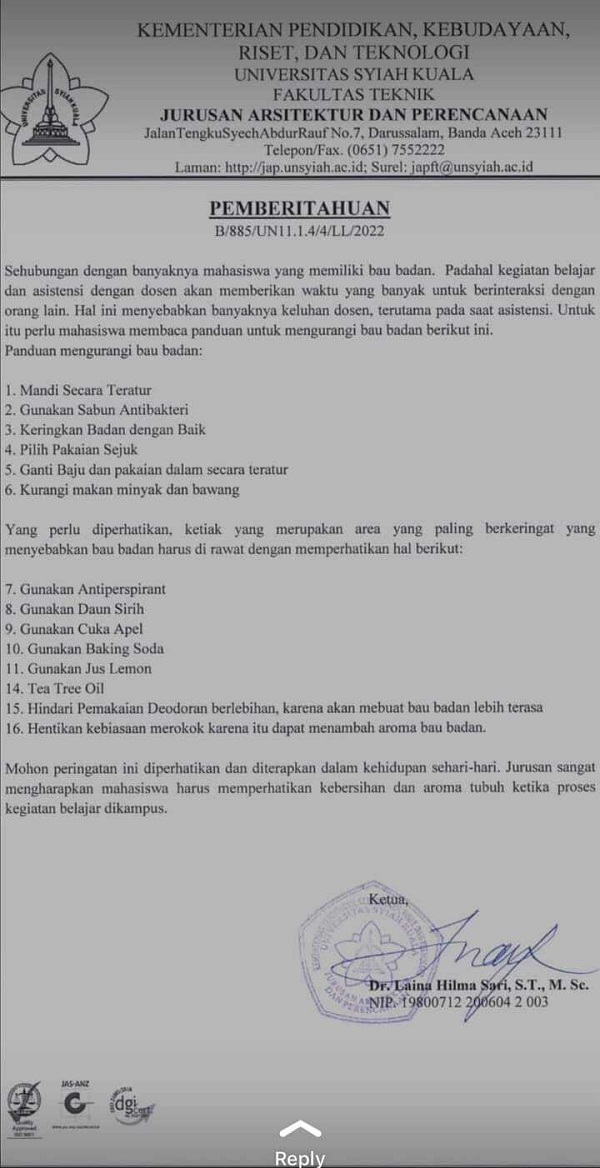 Surat dari Ketua Jurusan Arsitektur dan Perencanaan, yang berkaitan dengan bau badan mahasiswa. Foto: Ist.