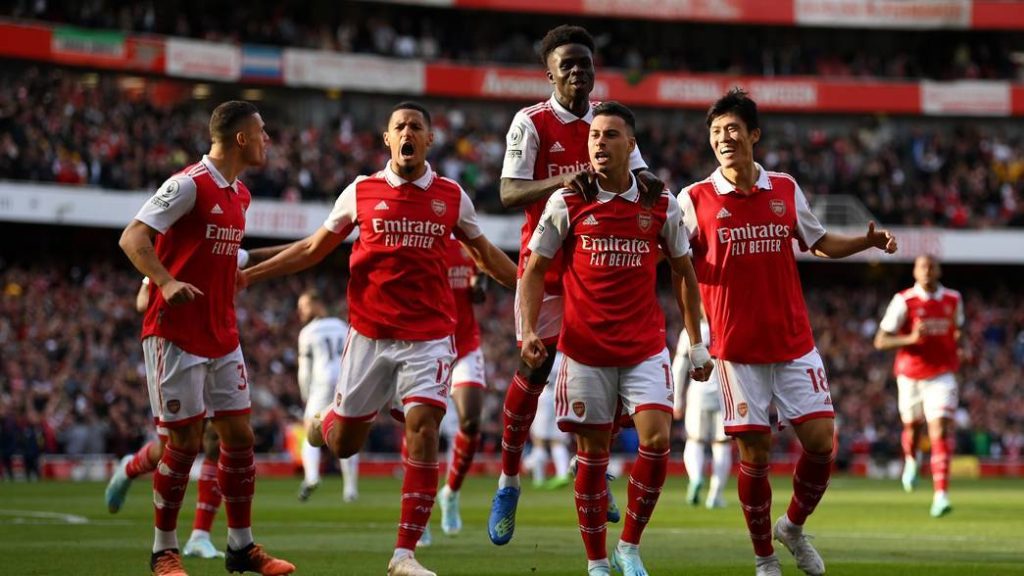 Pemain Arsenal merayakan gol pada lanjutan pertandingan Liga Inggris. Foto: arsenal.com.