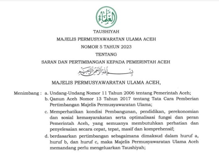 Tausiah Majelis Permusyawaratan Ulama (MPU) Aceh tentang nomor 5 tahun 2023 tentang Saran dan Pertimbangan kepada Pemerintah Aceh. Foto: Tangkapan layar.