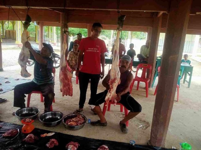 Keuchik Uteuen Rungkom Muhammad Nasir (baju merah) saat memantau pemotongan daging makmeugang. Foto: Ho for Komparatif.ID.