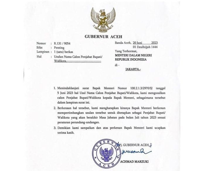 Achmad Marzuki usulkan 30 nama calon Pj Bupati/Walikota ke Kemendagri. Foto: Ho for Komparatif.ID.