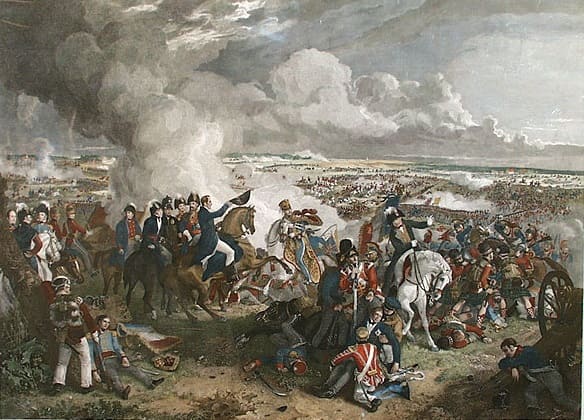 Sebuah lukisan yang menggambarkan Pertempuran Waterloo antara Napoleon Bonaparte dan Koalisi Tujuh karya Robinson. Foto: Wikipedia.