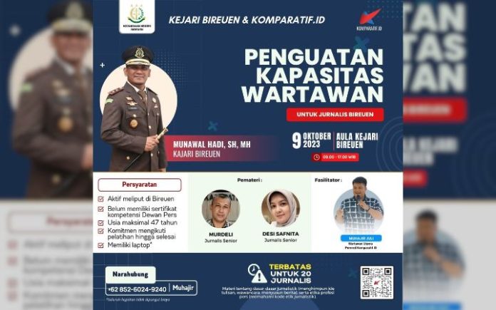 Penguatan Kapasitas Wartawan Kejari Bireuen dan Komparatif.Id akan menggelar penguatan kapasitas untuk wartawan di Kabupaten Bireuen, pada Senin (9/10/2023) di Aula Kejari Bireuen. Foto: Komparatif.ID/Fuad Saputra.