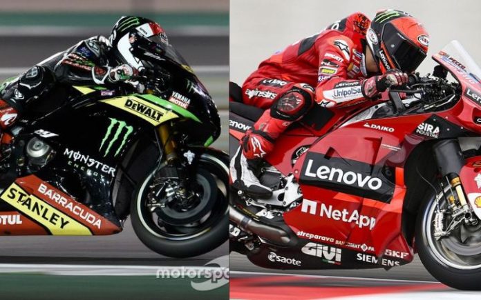 perbedaan tim satelit dan pabrikan di motogp. Tim satelit Yamaha Tech 3 (kini KTM Tech 3) dan tim pabrikan Ducati Corse. Foto: motorsport.com.