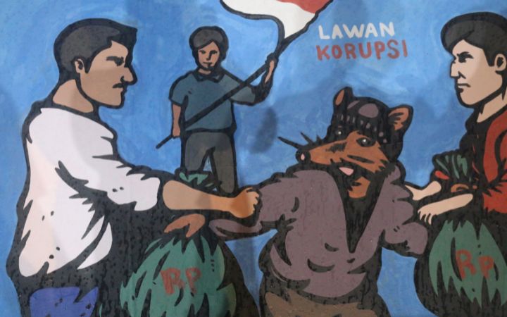 Salah satu mural yang dipamerkan pada Peringatan Hari Antikorupsi Sedunia (Hakordia) 2023 di outdoor area Museum Tsunami, Banda Aceh, Sabtu (9/11/2023). Komparatif.ID/Rizki Aulia Ramadan.