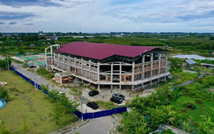 Venue PON PB PON Aceh Minta Rekanan Pacu Pengerjaan Venue Progres pengerjaan venue Cabang Olahraga Taekwondo di Pidie Convention Center, Sigli, Minggu (23/6/2024).