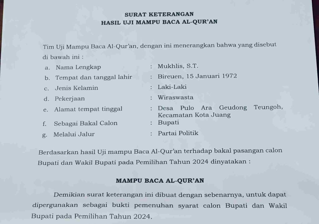 Uji baca Alquran KIP Bireuen