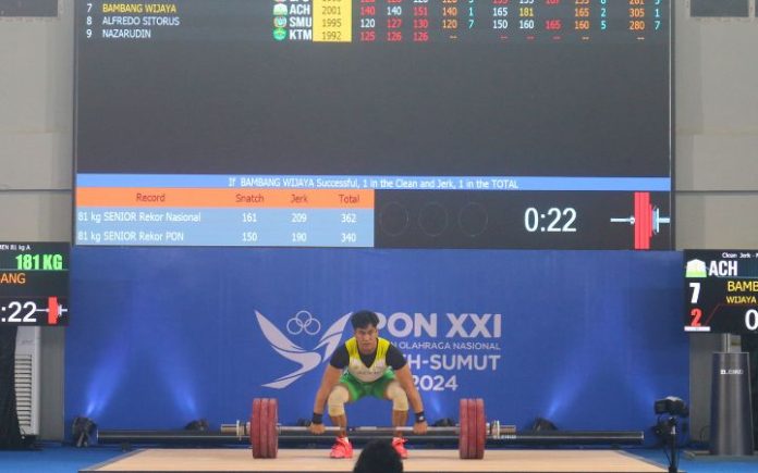 Bambang Wijaya Aceh Rebut Emas dari Angkat Besi 81 Kg Putra Lifter Aceh Bambang Wijaya rebut emas cabor angkat besi kelas 81 kg putra. Foto: Komparatif.ID/Rizki Aulia Ramadan.