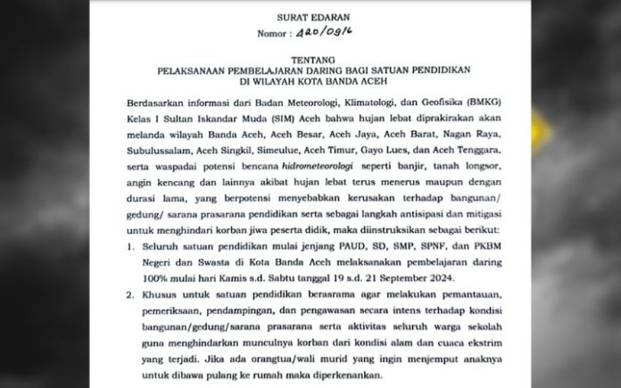 Cuaca buruk Cuaca Buruk, Banda Aceh Terapkan Pembelajaran Daring Hingga 21 September Pemko Banda Aceh instruksikan satuan pendidikan terapkan pembelajaran daring 100 persen hingga 21 September 2024. Foto: Komparatif.ID.