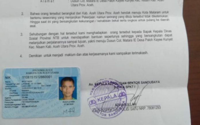 Petani Aceh Utara Mustakin (38) seorang petani asal Aceh Utara, terlantar di Kota Mataram, Provinsi Nusa Tenggara Barat. Foto: HO for Komparatif.ID.