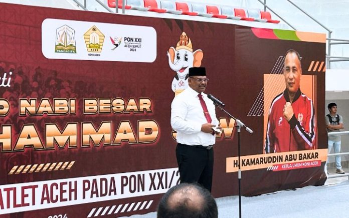 Safrizal ZA (6) Aceh Berhasil Ubah Persepsi Negatif Lewat PON XXI 2024 Pj Gubernur Aceh Safrizal ZA pada syukuran untuk kontingen PON XXI Aceh, sekaligus peringatan Maulid Nabi Muhammad SAW 1446 H di GOR KONI Aceh pada (24/9/2024). Foto: Komparatif.ID/Fuad Saputra.