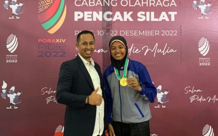 Atlet Aceh Rena Putriana Tampil di Asian Pencak Silat Championship Uzbekistan 2024 Atlet pencak silat asal Aceh, Rena Putriana. Foto: HO for Komparatif.ID.