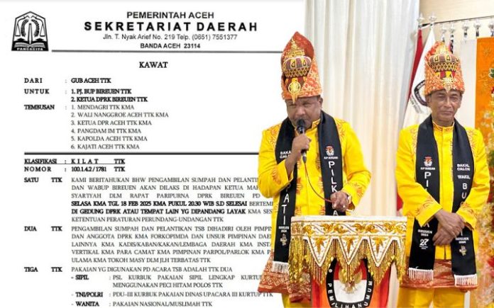 Pelantikan Bupati & Wakil Bupati Bireuen Setda Aceh Pastikan Pelantikan Bupati Bireuen Digelar 18 Februari Sekretariat Pemerintah Aceh (Setda Aceh) melalui kawat nomor 100.1.4.2/1781 memastikan pelantikan H Mukhlis Cut Hasan dan Ir Razuardi Ibrahim sebagai Bupati dan Wakil Bupati Bireuen digelar pada Selasa (18/2/2025) pukul 20.30 WIB.