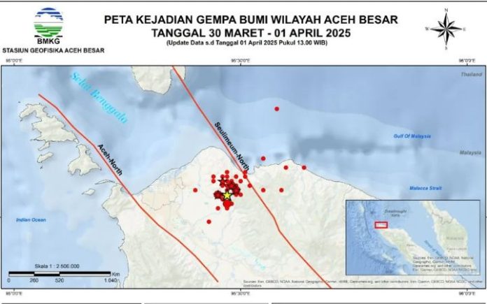 Aceh Besar Diguncang 47 Kali Gempa, BMKG Ingatkan Warga Tetap Waspada Peta kejadian gempa bumi di Aceh Besar pada 30 Maret hingga 1 April 2025. Foto: Dok. BMKG.