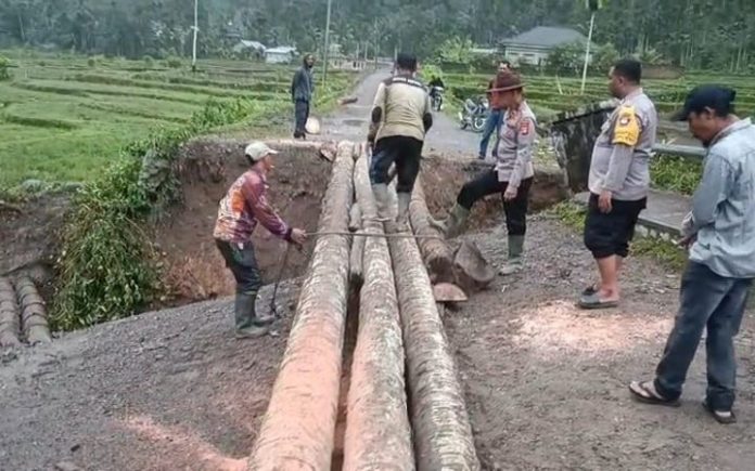 Jembatan Ambruk, Warga Mane Bangun Akses Darurat dari Batang Kelapa