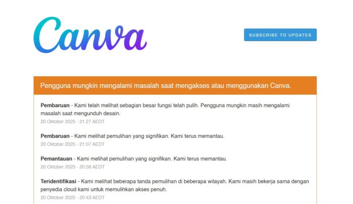 Canva down mulai pulih Canva Down: Sebagian Besar Pengguna Kembali Bisa Akses Desain Mereka