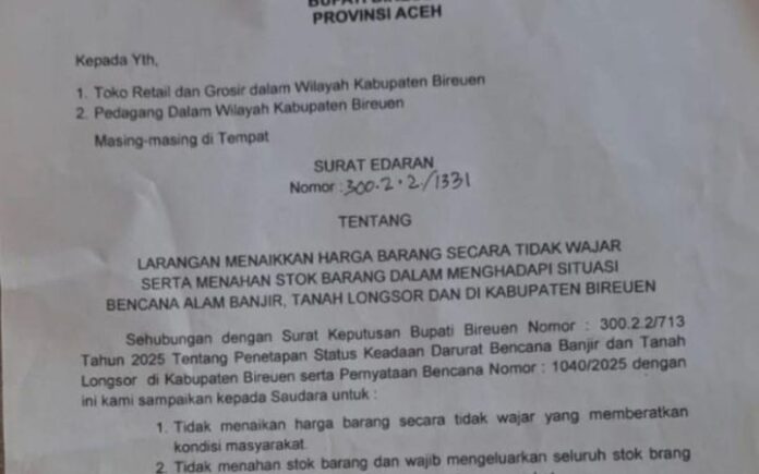 Bupati Bireuen Larang Pedagang Menaikkan Harga Barang