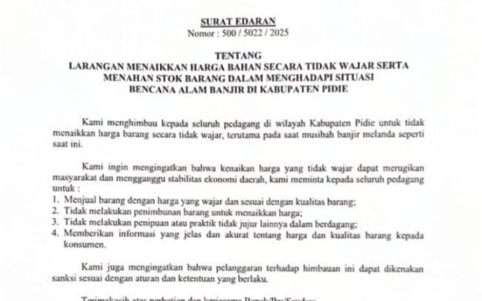 SE Bupati Pidie Bupati Pidie Larang Pedagang Naikkan Harga Kebutuhan Pokok