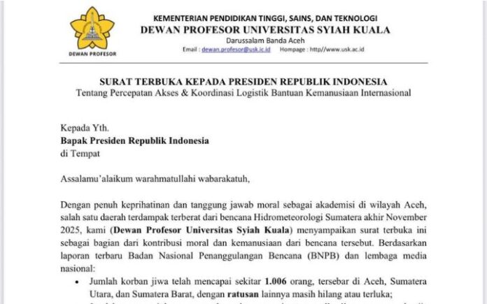 Dewan Profesor USK Kirim Surat Terbuka untuk Presiden Indonesia