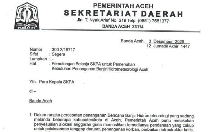 anggaran dinas Pemerintah Aceh Instruksikan SKPA Pangkas Anggaran Untuk Penanganan Banjir