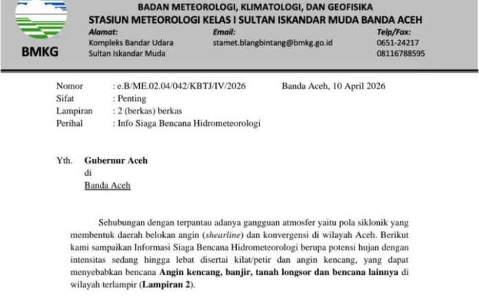 BMKG Surati Mualem, Aceh Diminta Siaga Hadapi Potensi Bencana