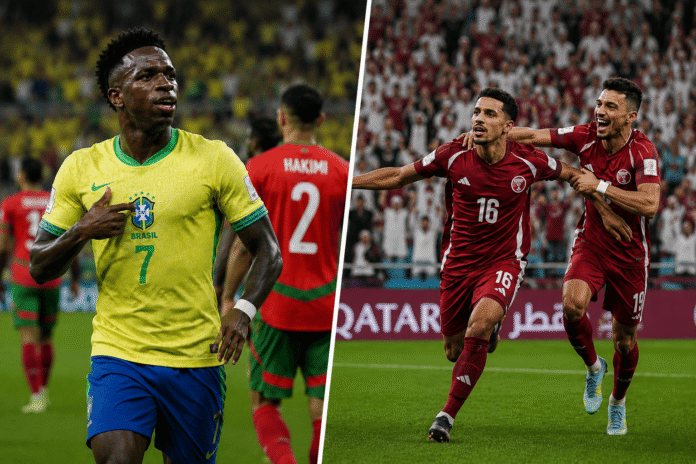 brazil, qatar (1) Piala Dunia 2026: Brasil Ditahan Maroko, Qatar Gagalkan Kemenangan Swiss Komparatif.ID, New Jersey– Brasil dan Maroko harus puas berbagi poin setelah bermain imbang 1-1 pada laga pembuka Grup C, sementara Qatar memaksa Swiss bermain imbang 1-1 melalui gol dramatis pada masa injury time di pertandingan Grup B Piala Dunia 2026, pada Sabtu (13/6/2026) . Maroko tampil lebih agresif sejak awal pertandingan dan mampu mendominasi jalannya babak pertama. Tim asuhan Mohamed Ouahbi berani mengambil inisiatif serangan dan beberapa kali merepotkan lini belakang Brasil yang dikawal Marquinhos dan Gabriel Magalhaes.