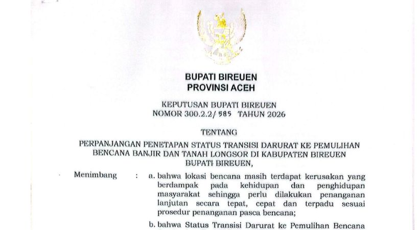 Bireuen Perpanjang Status Transisi Darurat ke Pemulihan