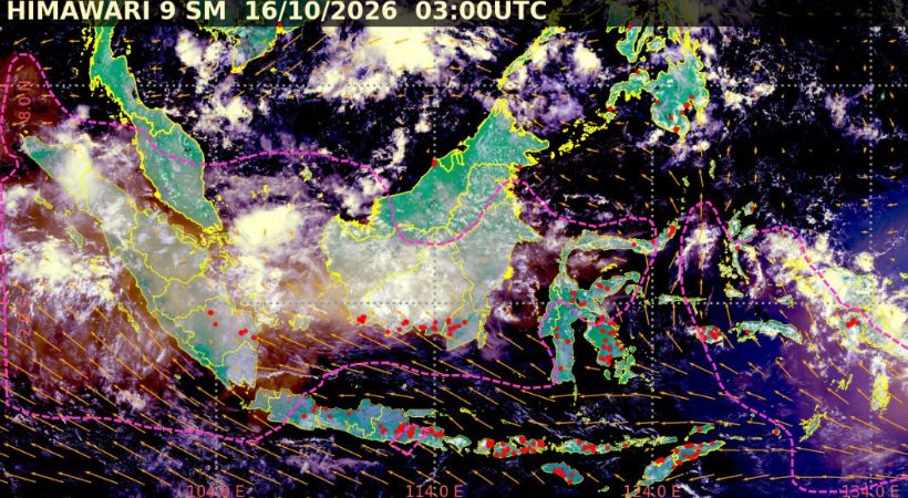 Penyebaran kabut asap berdasarkan pemantauan citra satelit Himawari-9 pada Jumat (16/10/2026) pukul 10.00 WIB. Foto: Dok. BMKG.